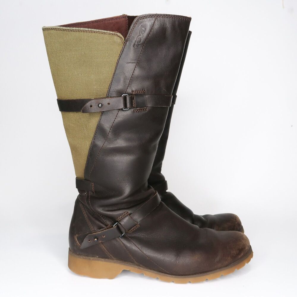 Teva Womens Riding Boots Size 9 Brown Green Leather Canvas Moto Waterproof